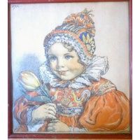 Dziewczynka z tulipanem - litografia barwna - Marie Fischerova - Kvechova - ok. 1925 r.